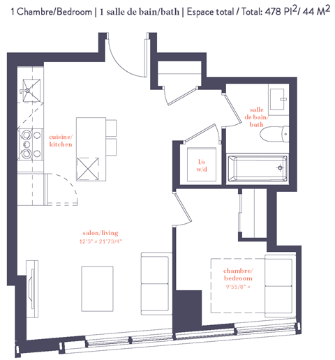Floor plan for 1 bed, 1 bath, 684 sqft